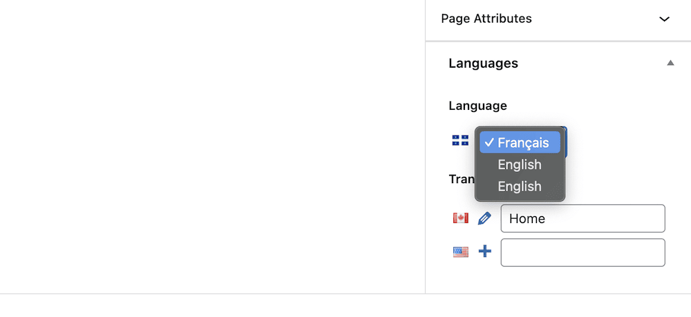 A portion of the Block Editor sidebar, showing the Polylang Languages section, complete with a choice of languages.