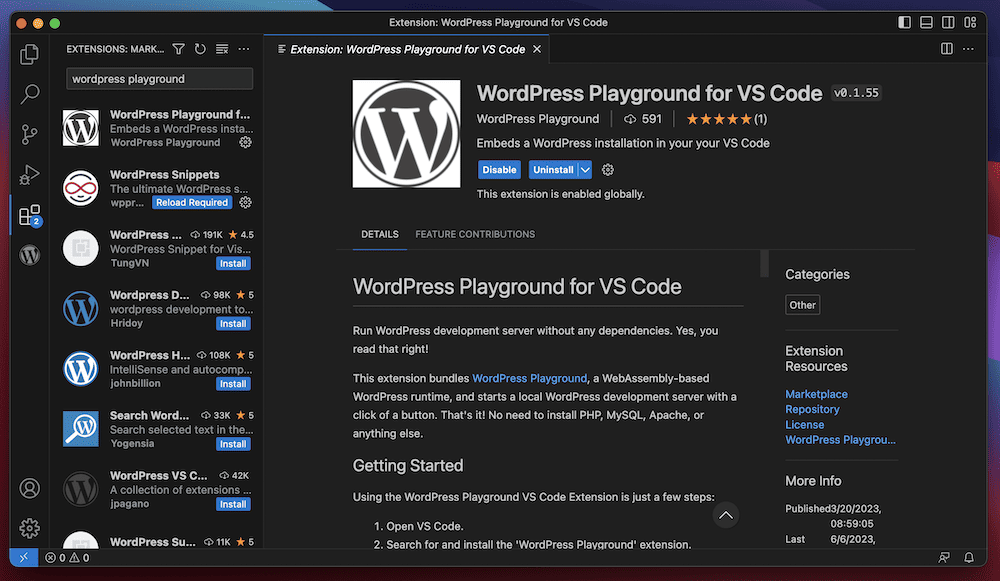 The VSCode editor showing the WordPress Playground extension.