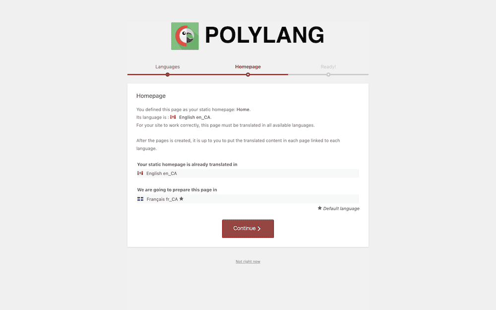 The Polylanf onboarding wizard showing information about the translation of the home page.