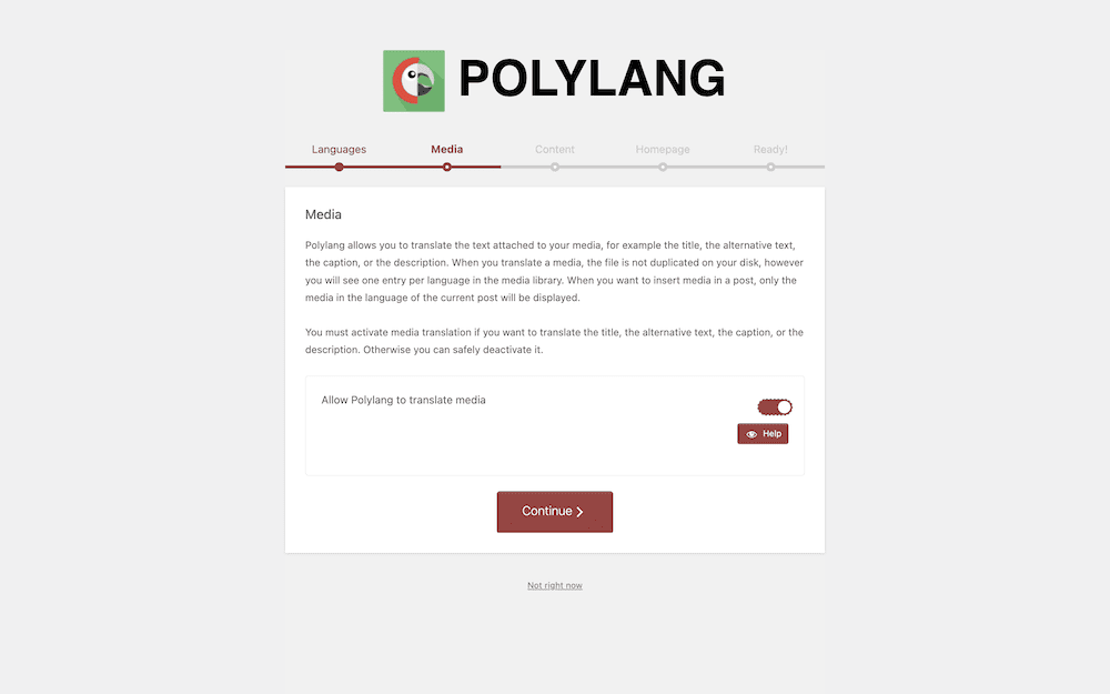 The Polylang onboarding wizard showing the Media screen.