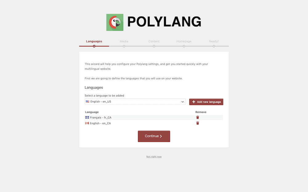 The Polylang onboarding wizard.