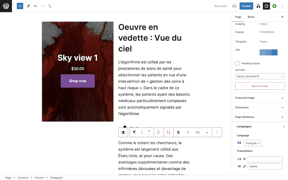 A Block Editor page that shows French language content ready to publish.