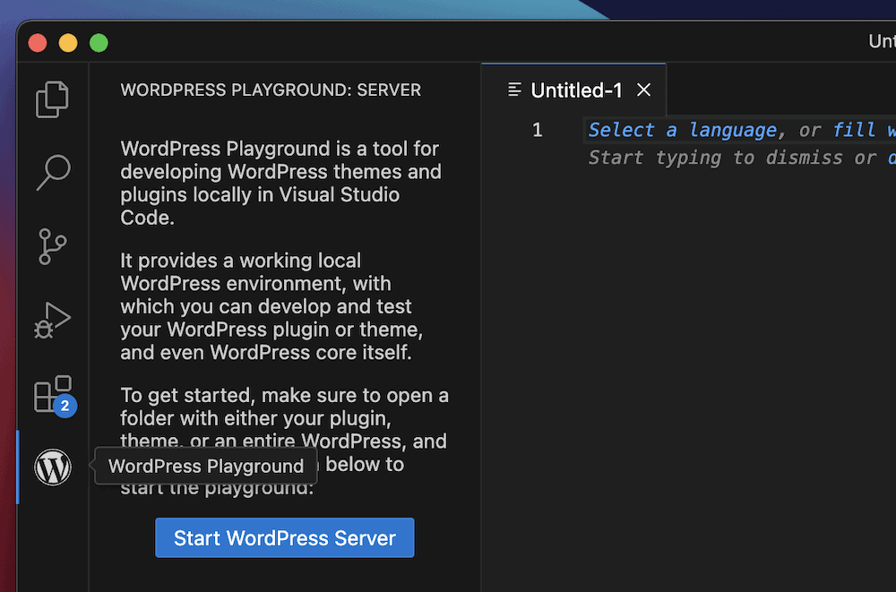 The VSCode sidebar showing how to install a WordPress local environment.