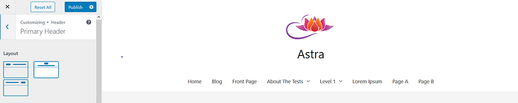 Astra primary header with centered logo and site title