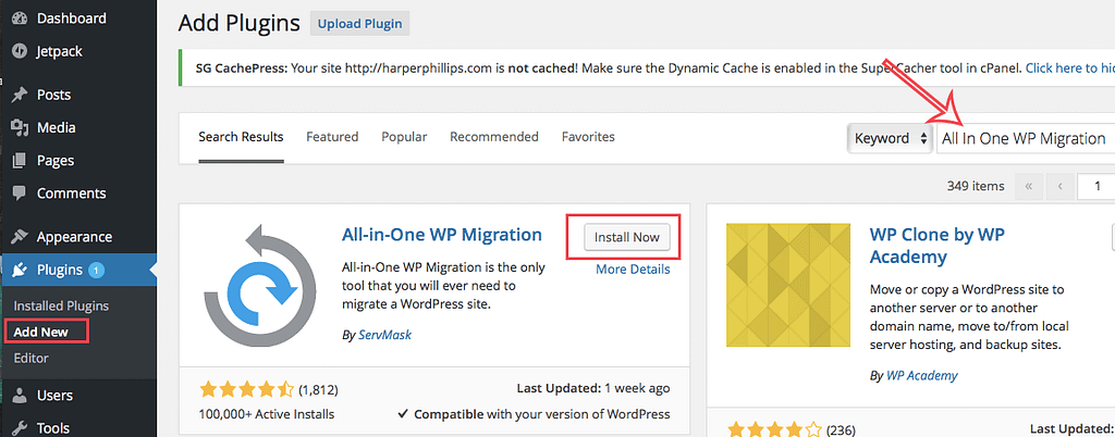 All in one wp migration install