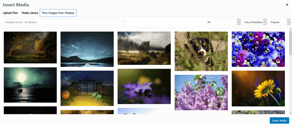 Free Images From Pixabay tab in the Media Library