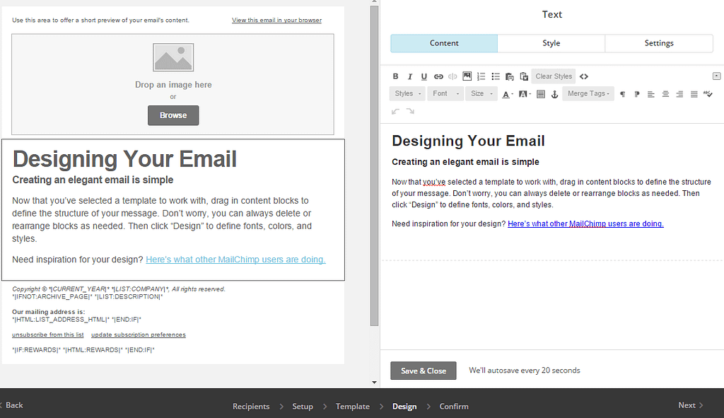 MailChimp split editing interface