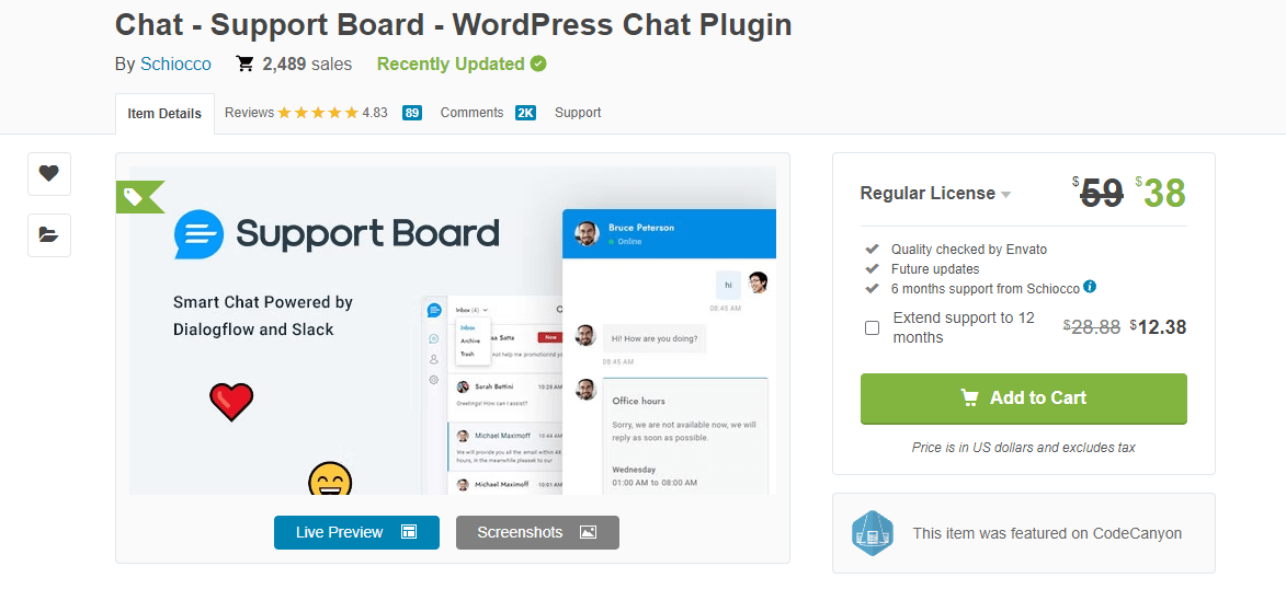 Best live chat WordPress plugins: Support Board homepage