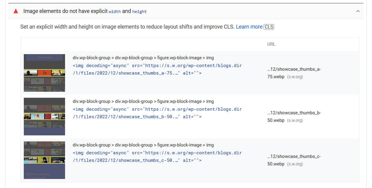 Image elements do not have explicit width and height for WordPress.org