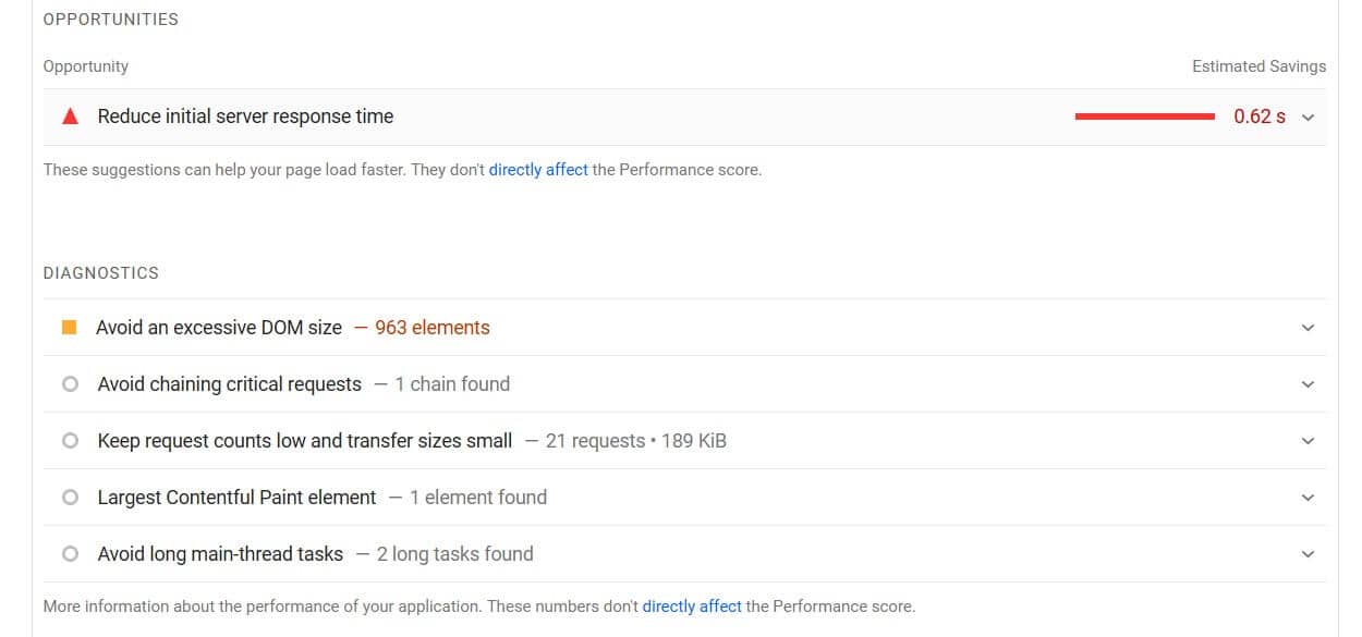 Opportunities and Diagnostics according to Google PageSpeed Insights