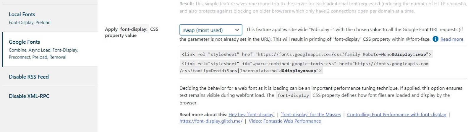 Asset CleanUp Google Fonts apply font-display:swap;