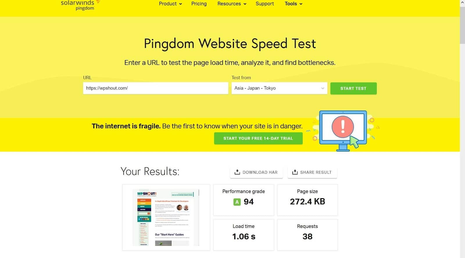 Pingdom Website Speed Test for WPShout from Tokyo