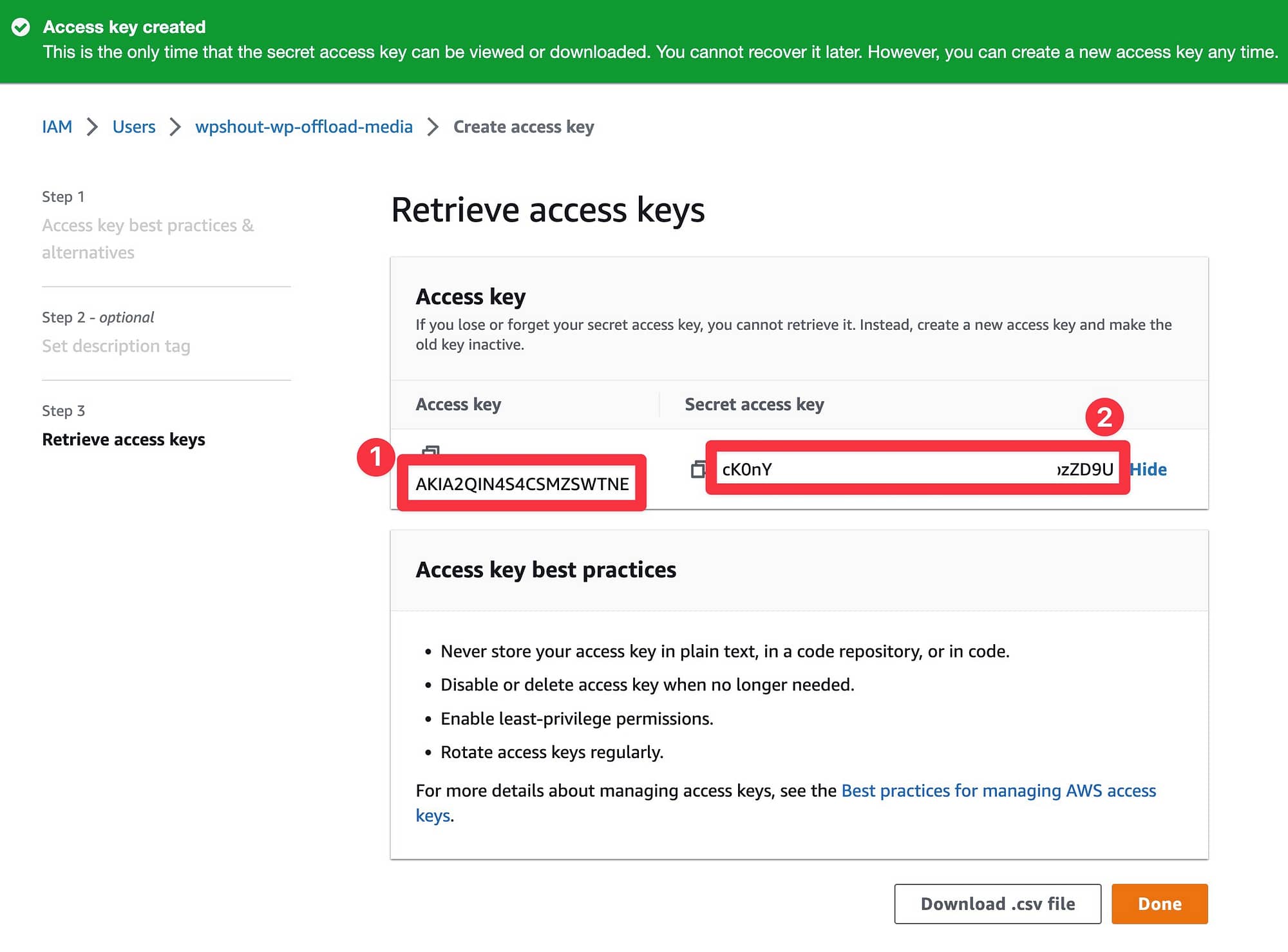 AWS access keys to offload WordPress media to S3