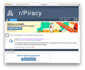 Screenshot of pirated WordPress themes