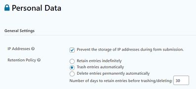 Gravity Forms Personal Data settings