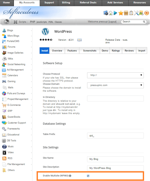 Enable WordPress Multisite Softaculous