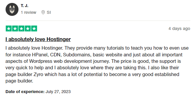 Hostinger review from TJ on TrustPilot.