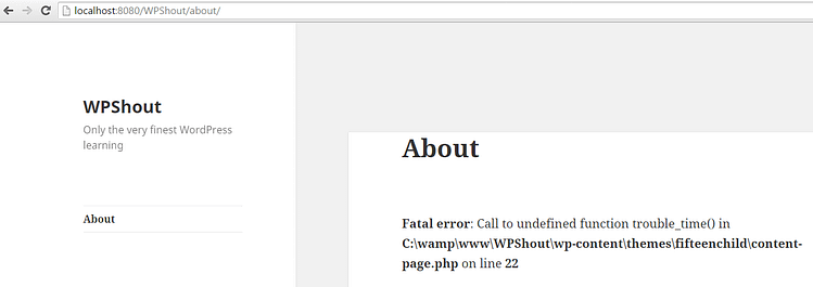 WordPress fatal error with error message