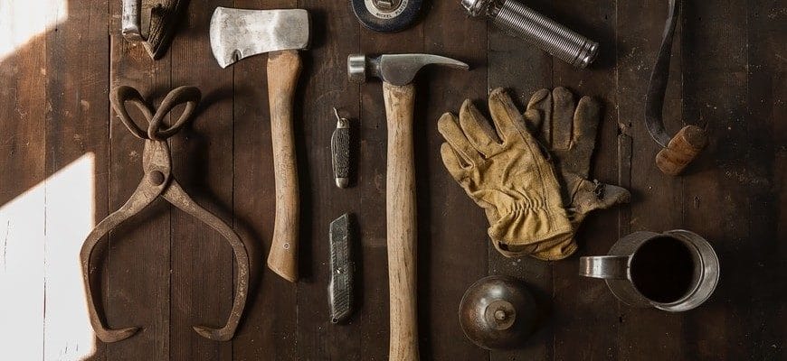 tools on a brown wooden table