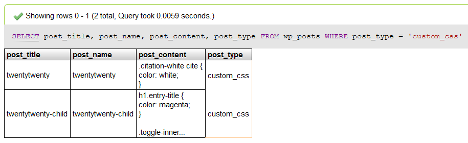 SQL query to find additional CSS in the Customizer
