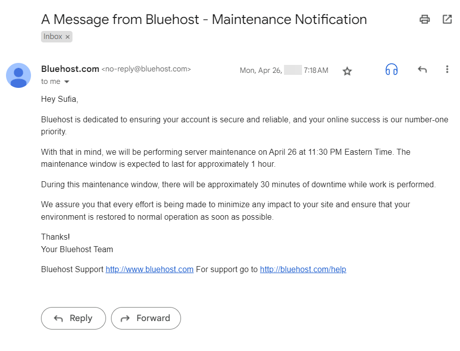 bluehost maintenance notification email.