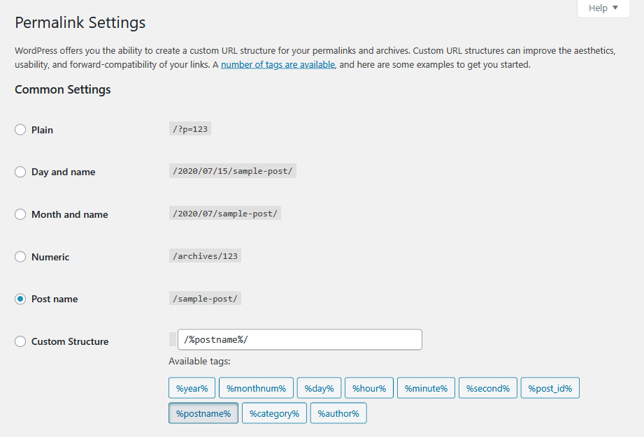 WordPress permalink settings - Post name