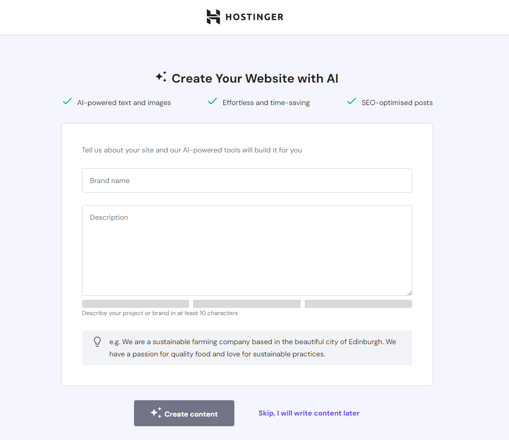 Create Your Website with AI page asking for brand name and description.