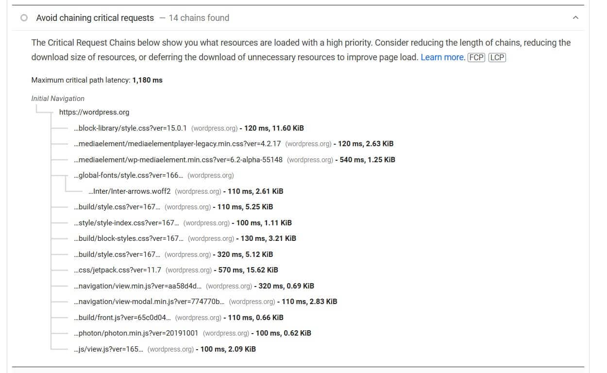 Avoid chaining critical requests diagnostic to get a better Google PageSpeed Insights score