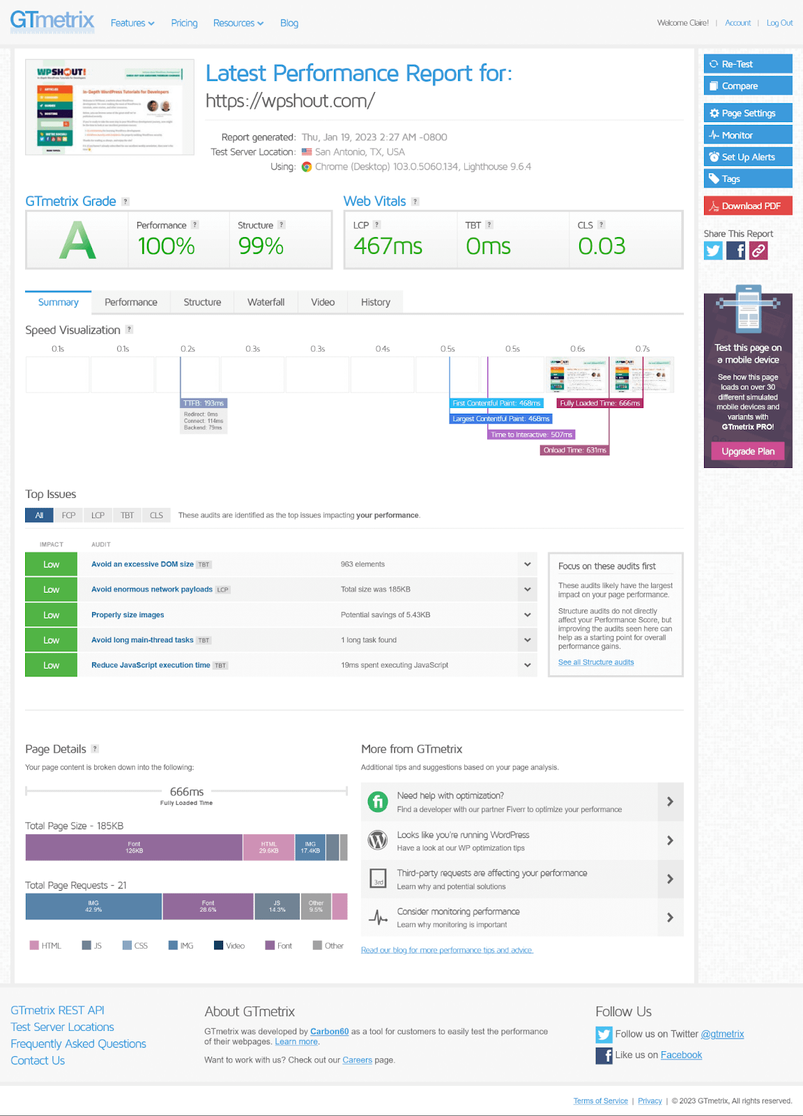 GTmetrix result for WPShout site tested in Texas