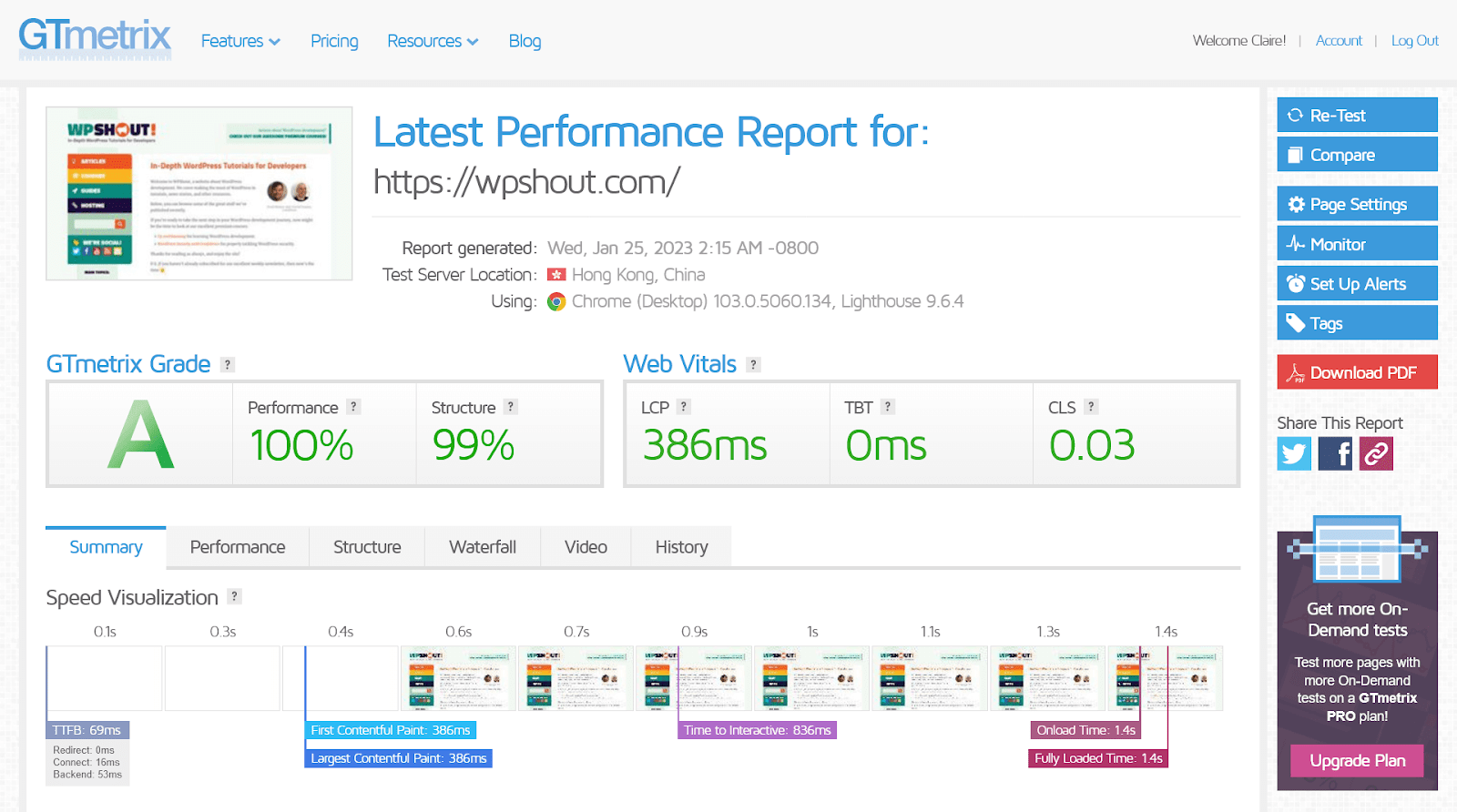GTmetrix result for WPShout site tested in Hong Kong