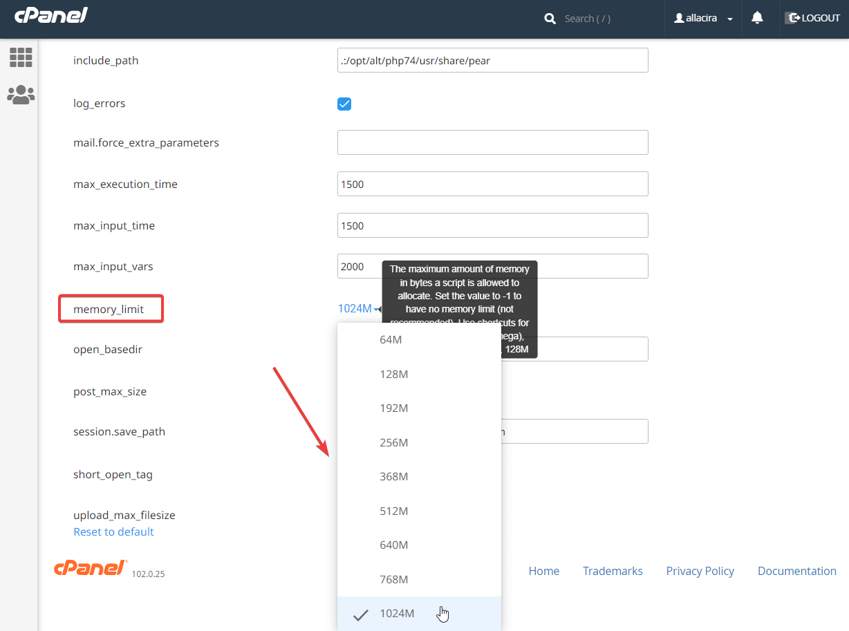 increase memory limit from cpanel - wordpress internal server error