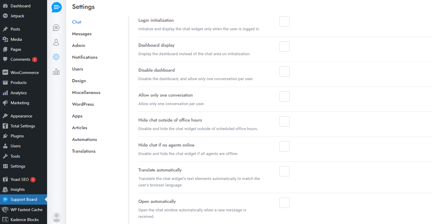 Support Board chat settings area 