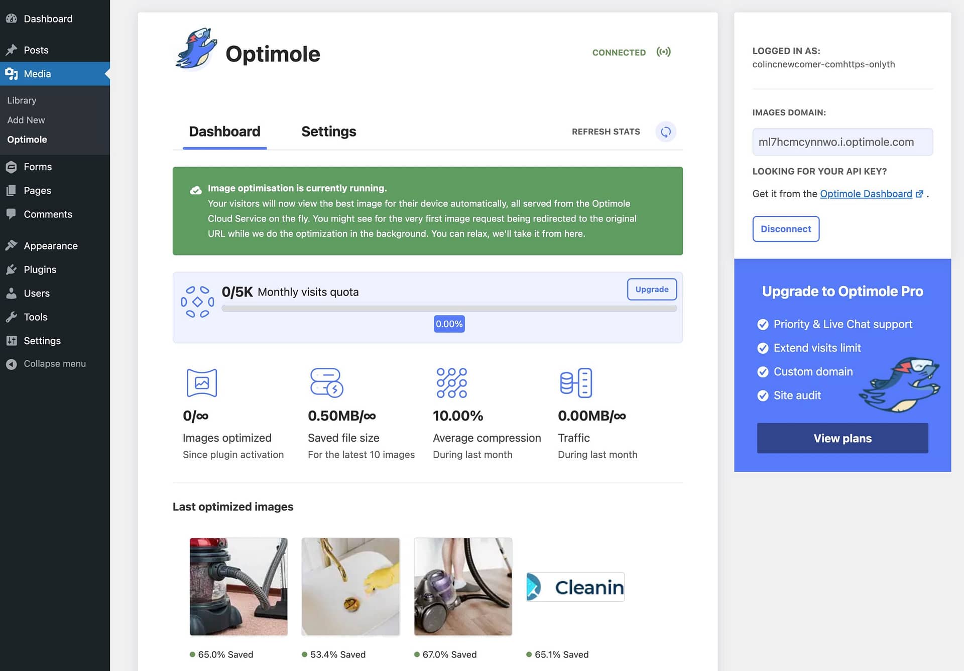 Optimole dashboard