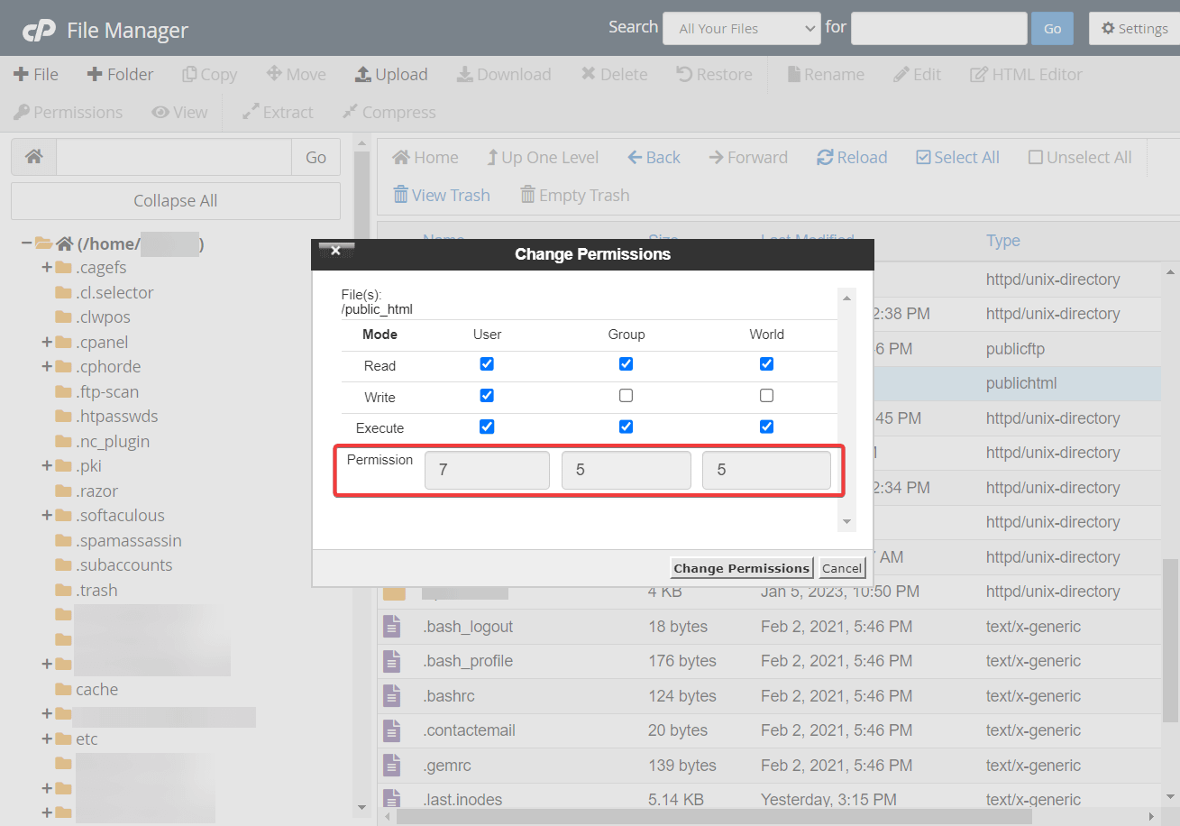 changing file permission on file manager