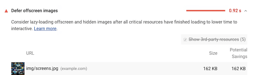 Google Lighthouse showing the Defer offscreen images metric, complete with the time it takes to load those images.