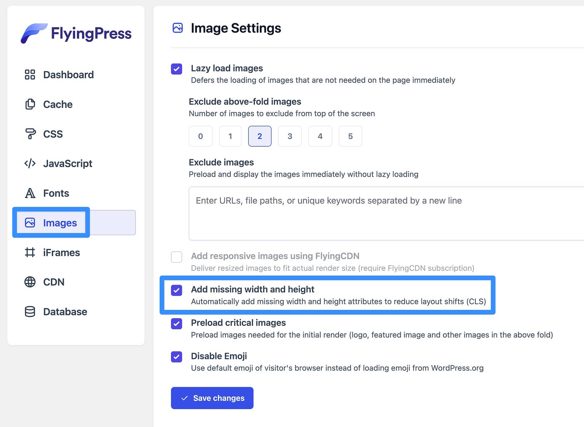 FlyingPress lets you set missing image dimensions to avoid large layout shifts.