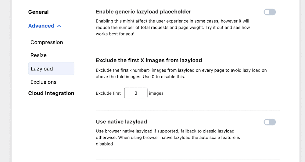 Some of the options for Optimole's lazy loading.