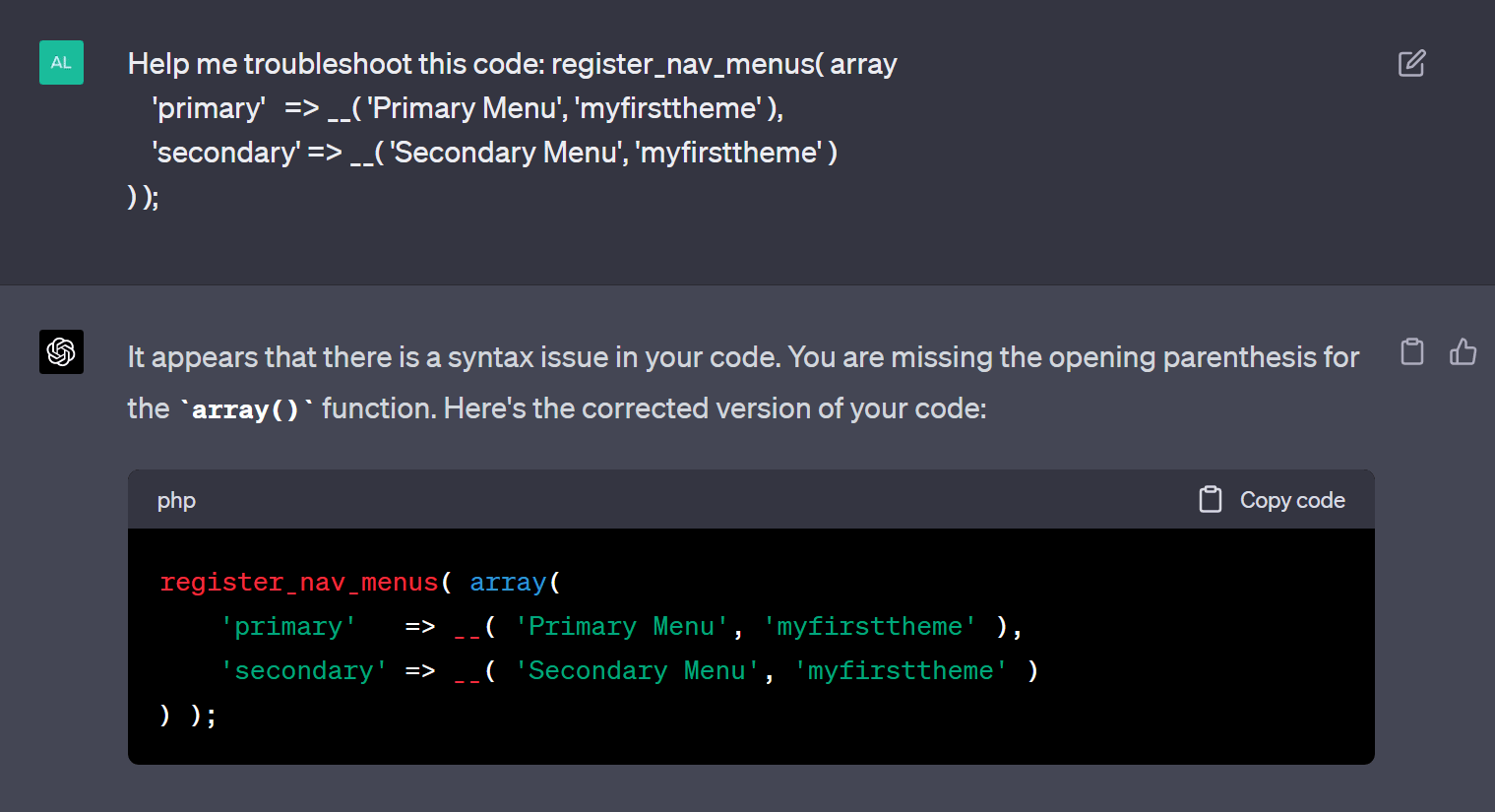 Troubleshoot WordPress code.