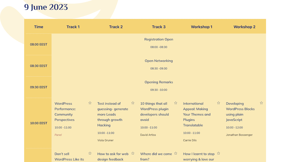 The WordCamp Europe 2023 schedule for 9th June.