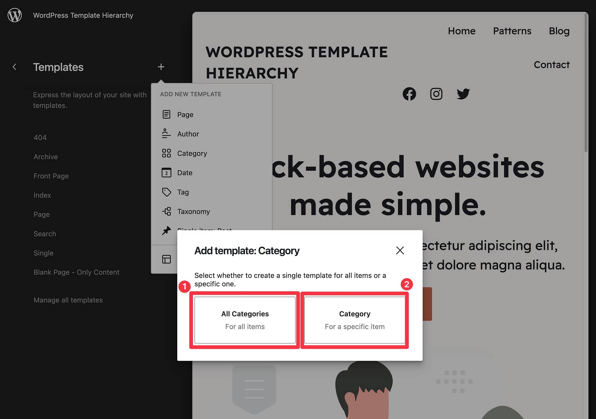 The Site Editor explains the template hierarchy in plain text.