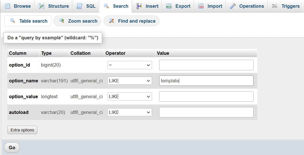 Search wp_options table for option_name like template.