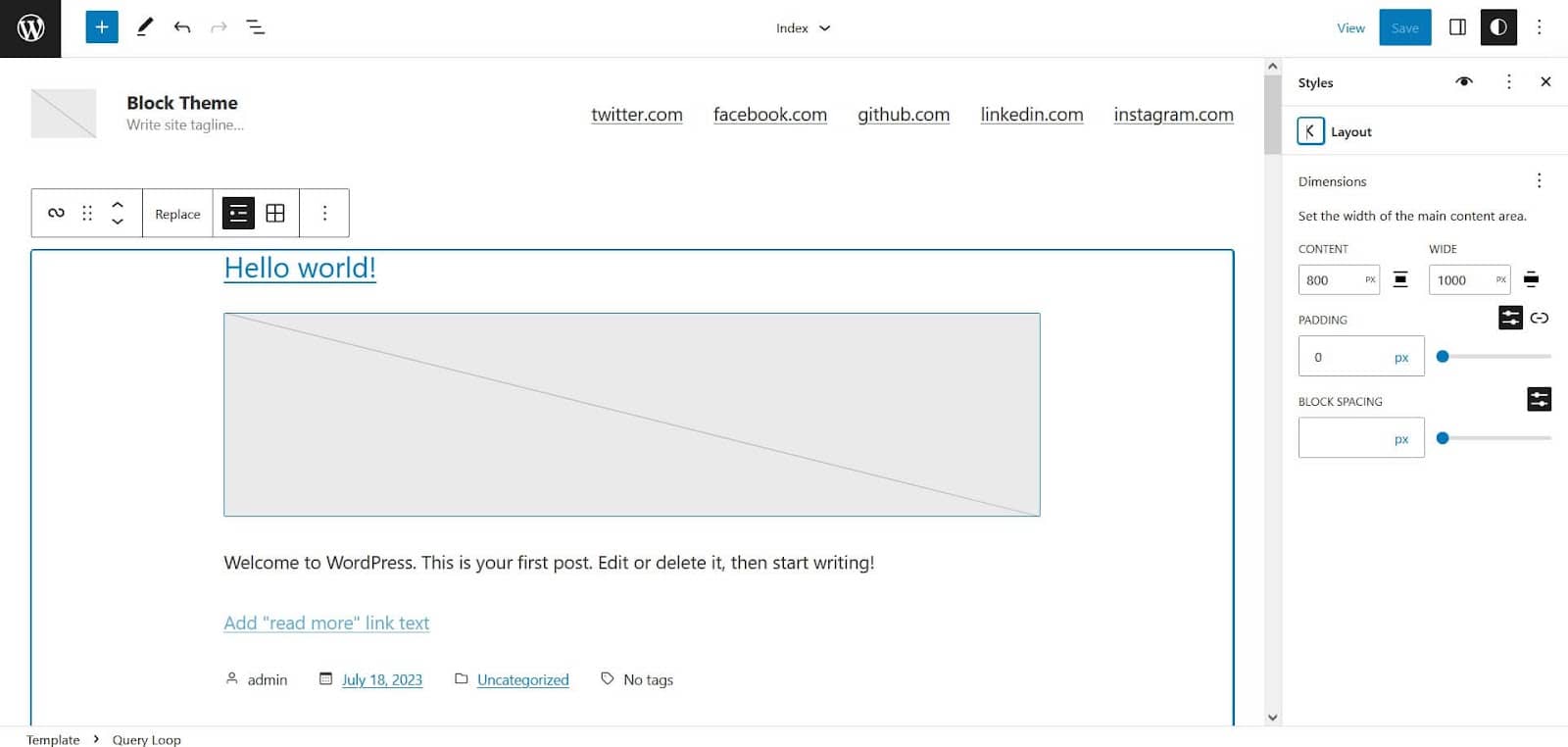 How to build a block theme: Increasing the content width in Blockbase theme.