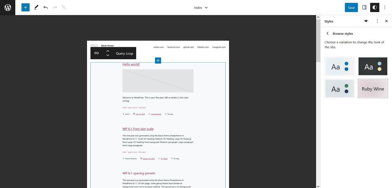 How to build a block theme: The Ruby Wine style variation in Blockbase theme.