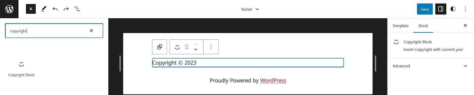 How to build a block theme: The copyright block added to the footer.