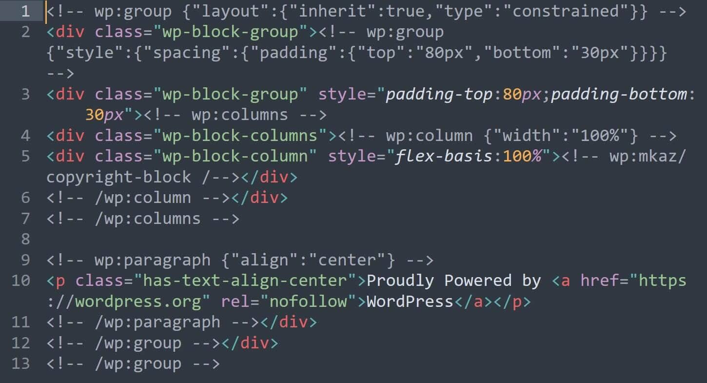 How to build a block theme: Blockbase updated footer with copyright block.