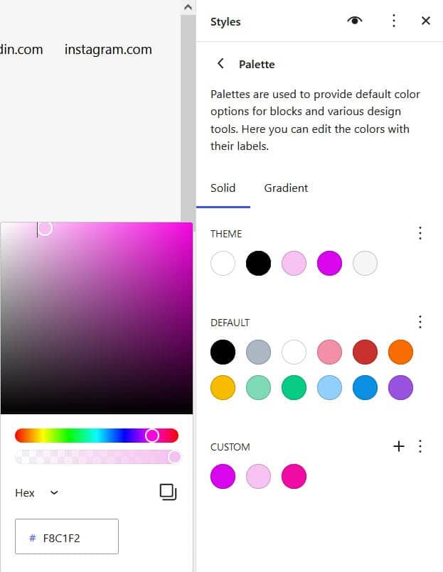 How to build a block theme: Setting Pink style variation colors.
