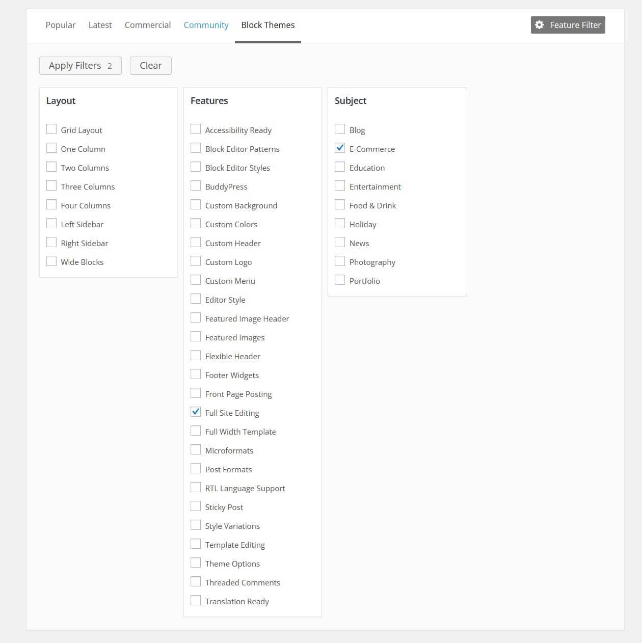 Filtering block themes by subject Ecommerce.