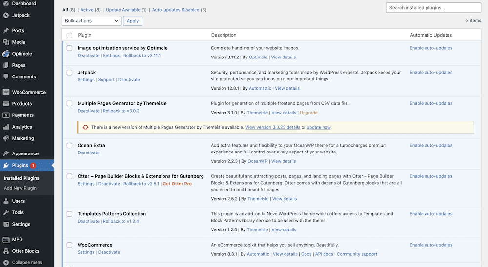 The WordPress Installed Plugins screen.