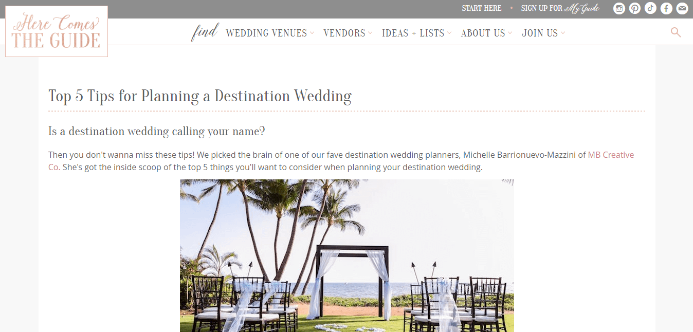 An example of blogging for small businesses, with a blog post on destination weddings.