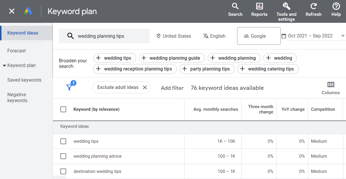 Keyword ideas for "wedding planning tips" in Google's Keyword Planner.